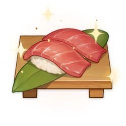 Rule 34 | artist request, commentary, english commentary, fish, fish (food), food, food focus, game cg, genshin impact, leaf, lowres, nigirizushi, no humans, official art, rice, simple background, sparkle, still life, sushi, sushi geta, third-party source, transparent background, tuna, wood