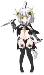 Rule 34 | 1girl, ankh, bailingxiao jiu, bikini, black bikini, black capelet, black footwear, black thighhighs, blush, boots, braid, breasts, bridal gauntlets, capelet, chain, closed mouth, collar, covered erect nipples, dagger, dual wielding, eyepatch, eyepatch bikini, full body, grey eyes, groin, heart, heart-shaped pupils, holding, holding dagger, holding knife, holding weapon, keyhole, knife, long hair, metal collar, navel, original, pubic tattoo, silver hair, simple background, single braid, small breasts, solo, standing, swimsuit, symbol-shaped pupils, tattoo, thigh boots, thighhighs, very long hair, weapon, white background