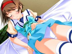 Rule 34 | 1girl, bed, blue shirt, blue skirt, blush, bow, bowtie, breasts, brown hair, closed eyes, clothes lift, freckles, game cg, green bow, green bowtie, hairband, imouto de ikou!, lying, nishieda, on bed, panties, school uniform, shirt, short hair, short sleeves, skirt, skirt lift, small breasts, solo, sweat, thighhighs, underwear, white panties, white thighhighs, yoshihara ikuko