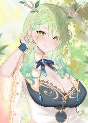 Rule 34 | 1girl, absurdres, antlers, bare shoulders, blush, braid, braided bangs, breasts, brooch, ceres fauna, ceres fauna (1st costume), cleavage, closed mouth, collarbone, commentary, dress, flower, green hair, hair flower, hair ornament, highres, hololive, hololive english, horns, jewelry, large breasts, leaf, long hair, long sleeves, looking at viewer, mole, mole under eye, neck ribbon, ribbon, single braid, smile, solo, underbust, virtual youtuber, wennananyan, white dress, wide sleeves, yellow eyes