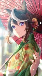 Rule 34 | 1girl, alternate costume, alternate hairstyle, animal ears, aoi (07aoi15), blurry, blurry background, breath, brown hair, floral print, flower, green kimono, hair bun, hair flower, hair ornament, hand up, holding, holding umbrella, horse ears, japanese clothes, kimono, long sleeves, looking at another, looking at viewer, multicolored hair, obi, oil-paper umbrella, open mouth, purple eyes, red nails, sash, short hair, smile, snow, solo, streaked hair, symboli rudolf (umamusume), umamusume, umbrella, upper body, yukata