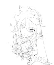 Rule 34 | 1boy, 1girl, closed mouth, eyebrows, facial scar, flower, genshin impact, gloves, hair between eyes, hand on another&#039;s head, headpat, highres, holding, holding flower, holding rose, jacket, lisa (genshin impact), long hair, looking at viewer, looking up, monochrome, pepppaya, pov, razor (genshin impact), rose, scar, scar on cheek, scar on face, shirt, shoes, sketch, standing, white background