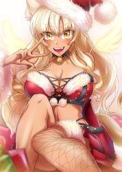Rule 34 | 1girl, animal ear fluff, animal ears, bare shoulders, bell, blonde hair, breasts, cleavage, collarbone, dark-skinned female, dark skin, detached sleeves, energy wings, fate/grand order, fate/grand order arcade, fate (series), fox ears, fox girl, fox tail, fur trim, hat, highres, kitsune (foxsiona), large breasts, long hair, looking at viewer, nail polish, neck bell, open mouth, red hat, santa costume, santa hat, sitting, smile, solo, suzuka gozen (fate), suzuka gozen (santa) (fate), tail, tan, thighs, w, wide sleeves, yellow eyes