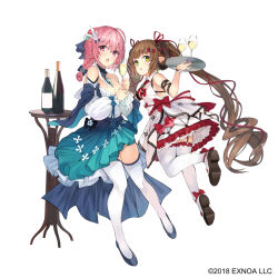 Rule 34 | 2girls, :o, bottle, breasts, brown hair, champagne flute, cleavage, commentary request, cup, dreamlight2000, dress, drinking glass, full body, gemini seed, green eyes, hair ornament, holding, holding tray, horns, large breasts, long hair, long sleeves, looking at viewer, multiple girls, official art, pink eyes, pink hair, simple background, tachi-e, thighhighs, tray, twintails, very long hair, white background, white thighhighs, wine bottle