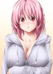 Rule 34 | 1girl, :d, blush, breasts, casual, cleavage, hood, hood down, hooded sweater, hoodie, large breasts, long hair, long sleeves, looking at viewer, nori tamago, open mouth, pink hair, red eyes, saigyouji yuyuko, short hair, smile, solo, sweater, touhou, upper body
