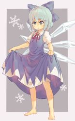 Rule 34 | 1girl, barefoot, bionekojita, blue bow, blue dress, blue eyes, blue hair, bow, cirno, clothes lift, dress, dress lift, full body, hair bow, ice, ice wings, lifted by self, red ribbon, ribbon, short hair, snowflakes, solo, standing, touhou, wings