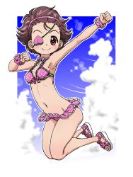 Rule 34 | 1girl, arm up, armpits, bikini, bikini skirt, blue sky, bow, bow bikini, breasts, brown eyes, brown hair, clenched hands, closed mouth, cloud, cloudy sky, commentary, detached collar, eyepatch, floating, food, frilled bikini, frills, fruit, girls und panzer, hair pulled back, hairband, legs up, momogaa (girls und panzer), navel, outline, peach, pink hairband, pink scrunchie, polka dot, polka dot bikini, raised fist, sandals, scrunchie, short hair, sky, small breasts, smile, solo, sparkle, swimsuit, takahashi kurage, textless version, white footwear, white outline, wrist scrunchie