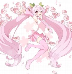 Rule 34 | 1girl, arms up, bare shoulders, boots, breasts, cherry blossom print, cherry blossoms, cherry hair ornament, commentary, corrupted twitter file, detached sleeves, floral print, flower, food-themed hair ornament, full body, grid background, hair ornament, hatsune miku, high heels, highres, jumping, kusunokimizuha, long hair, looking at viewer, miniskirt, necktie, open mouth, outstretched arms, pink eyes, pink flower, pink footwear, pink hair, pink necktie, pink skirt, pink sleeves, pink theme, pink thighhighs, pleated skirt, sakura miku, sakuramon, shirt, skirt, sleeveless, sleeveless shirt, small breasts, smile, solo, symbol-only commentary, thigh boots, thighhighs, twintails, very long hair, vocaloid, white shirt, zettai ryouiki