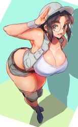Rule 34 | 1girl, armpits, ass, bare shoulders, breasts, brown hair, butt crack, cleavage, fio germi, glasses, hat, highres, huge ass, huge breasts, jacket, kneeling, long hair, looking at viewer, madsensei, metal slug, micro shorts, parted bangs, round eyewear, shorts, sleeveless, thick thighs, thighs