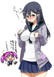 Rule 34 | 0 0, 10s, 2girls, ^^^, ahoge, between breasts, black hair, blush, breast conscious, breasts, brown eyes, cardigan, flying sweatdrops, frown, hair bobbles, hair ornament, inconvenient breasts, jacket, kantai collection, large breasts, long hair, monster, multiple girls, neckerchief, open cardigan, open clothes, open mouth, perepere-kun, pink hair, sazanami (kancolle), school uniform, serafuku, skirt, tears, translation request, twintails, ushio (kancolle), wavy mouth