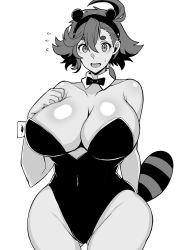 Rule 34 | 1girl, animal ears, breasts, cleavage, embarrassed, gundam, gundam suisei no majo, hair ornament, hairclip, highres, huge breasts, leotard, monochrome, nervous, raccoon ears, raccoon tail, shiny skin, smile, solo, standing, suletta mercury, sunrise (company), sweat, tail, thighs