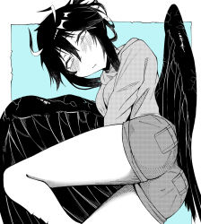 Rule 34 | 1girl, ass, blue background, blush, borrowed character, commentary, crow-chan (karasu raven), feathered wings, hair between eyes, highres, lasdo oda, looking at viewer, medium hair, messy hair, mixed-language commentary, original, shorts, sidelocks, solo, wings