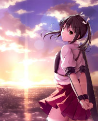 Rule 34 | 10s, 1girl, armor, arms behind back, breastplate, brown eyes, brown hair, cloud, flight deck, hair ribbon, highres, kantai collection, looking at another, looking at viewer, nicoby, ocean, pleated skirt, puffy short sleeves, puffy sleeves, ribbon, shirt, short sleeves, skirt, sky, smile, solo, sunset, twintails, zuikaku (kancolle)