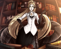 Rule 34 | &gt;:o, 1girl, :o, animal hands, black bra, black skirt, blonde hair, book, bookmark, bookshelf, bra, breasts, claws, cleavage, colored skin, dress shirt, english text, facial mark, fangs, green eyes, hand on own hip, highres, holding, holding book, jewelry, lamia, library, loen, long hair, looking at viewer, monster girl, open mouth, original, pendant, pointy ears, ponytail, scales, shirt, side slit, skirt, sleeves rolled up, slit pupils, solo, underwear, v-shaped eyebrows, very long hair, white shirt, white skin