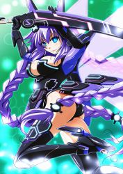 Rule 34 | 10s, 1girl, ass, blue eyes, blush, braid, breasts, cleavage, gloves, hair ornament, highres, holding, holding sword, holding weapon, long hair, looking at viewer, neptune (neptunia), neptune (series), purple hair, purple heart (neptunia), solo, sword, symbol-shaped pupils, tappa (esperanza), twin braids, very long hair, weapon