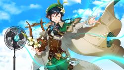 Rule 34 | 1boy, androgynous, beret, black hair, blue hair, bow, braid, brooch, cape, cioccolatodorima, closed eyes, cloud, cloudy sky, collared cape, corset, day, feathers, flower, frilled sleeves, frills, gem, genshin impact, gradient hair, green hat, green shorts, hair flower, hair ornament, hand fan, hat, holding, holding instrument, instrument, jewelry, leaf, long sleeves, lyre, male focus, multicolored hair, outdoors, outstretched arm, pinwheel, shirt, short hair with long locks, shorts, sky, smile, solo, spinning, twin braids, venti (genshin impact), vision (genshin impact), white flower, white shirt, wind