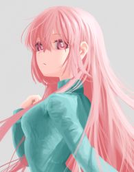 Rule 34 | 1girl, :/, breasts, expressionless, from side, grey background, hair between eyes, hata no kokoro, highres, kiminami, long hair, looking back, medium breasts, pink hair, shirt, sidelighting, simple background, solo, touhou, upper body