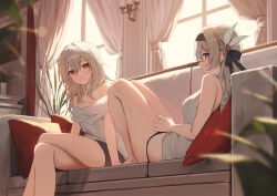 Rule 34 | 2girls, absurdres, alternate costume, aqua camisole, bare shoulders, black hairband, black panties, black skirt, blurry, blurry foreground, blush, bokeh, camisole, closed mouth, couch, crossed legs, depth of field, firefly (honkai: star rail), grey hair, hair between eyes, hair ornament, hairband, highres, honkai: star rail, honkai (series), huhi (huhi 1211), indoors, knees up, long hair, looking at viewer, miniskirt, multiple girls, no pants, off-shoulder shirt, off shoulder, on couch, panties, plant, potted plant, purple eyes, revision, shirt, sideways glance, sitting, skirt, stelle (honkai: star rail), thighs, trailblazer (honkai: star rail), underwear, underwear only, white shirt, yellow eyes