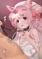 Rule 34 | 1boy, 1girl, animal ears, bare shoulders, breasts, cat ears, cleavage, cleavage cutout, clothed female nude male, clothed paizuri, clothing cutout, collar, dress, hair ornament, hair ribbon, heart, heart cutout, heart hair ornament, hetero, highres, indie virtual youtuber, large breasts, leash, leash pull, long hair, manpuku torte, mikasayaki, nude, paizuri, paizuri under clothes, pale skin, pink hair, red eyes, ribbon, shortstack, virtual youtuber, white dress