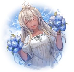 Rule 34 | 1girl, :d, ^ ^, blush, boba, closed eyes, collarbone, dark-skinned female, dark skin, dress, closed eyes, flower, granblue fantasy, hair between eyes, highres, holding, holding flower, leaning to the side, long hair, open mouth, petals, smile, solo, sparkle, white dress, white hair, zooey (granblue fantasy)