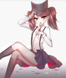 Rule 34 | 10s, 1girl, adjusting clothes, adjusting headwear, bad id, bad pixiv id, black socks, blush, brown eyes, brown hair, chromatic aberration, crossed legs, flat chest, gradient background, hat, kantai collection, kneehighs, long hair, meaomao, navel, open mouth, orange eyes, ryuujou (kancolle), sitting, skirt, socks, solo, suspenders, teeth, torn clothes, twintails, visor cap
