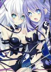 Rule 34 | 2girls, :o, :|, absurdres, angry, aqua eyes, arms behind back, ass, bare shoulders, bdsm, black heart (neptunia), blue eyes, blush, bondage, bound, bound together, braid, breasts, bruise, cable, choujigen game neptune, cleavage, cleavage cutout, closed mouth, clothing cutout, cowboy shot, emblem, flipped hair, from side, groin, hair between eyes, halterneck, highres, injury, leotard, long hair, looking at viewer, looking back, magical girl, medium breasts, multiple girls, neptune (neptunia), neptune (series), noire (neptunia), official art, open mouth, outline, power symbol, power symbol-shaped pupils, purple hair, purple heart (neptunia), raised eyebrows, scan, sideboob, sidelocks, symbol-shaped pupils, tears, torn clothes, torn leotard, tsunako, turtleneck, twin braids, v-shaped eyebrows, very long hair, white hair