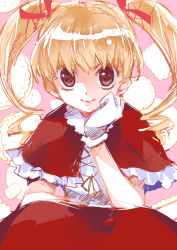 Rule 34 | 1girl, biscuit krueger, blonde hair, capelet, chiyo (rotsurechiriha), dress, drill hair, frills, gloves, hair ribbon, hand on own cheek, hand on own face, hunter x hunter, lolita fashion, long hair, red eyes, ribbon, smile, solo, twintails, white gloves