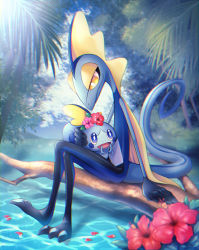 Rule 34 | 1other, animal feet, black skin, blue eyes, blue skin, blurry, blurry foreground, blush stickers, branch, bright pupils, chromatic aberration, closed mouth, colored skin, creatures (company), crossed legs, day, depth of field, eye contact, fern, fins, flower, flower on head, full body, furry, game freak, gen 8 pokemon, half-closed eyes, hand on another&#039;s head, happy, head fins, hibiscus, highres, inteleon, lizard tail, looking at another, looking down, looking up, maki (letusgomaki), multicolored skin, nintendo, open mouth, other focus, outdoors, petals, petals on liquid, pink flower, pokemon, pokemon (creature), red flower, shiny skin, sitting, smile, sobble, tail, tree, water, white pupils, white skin, yellow eyes