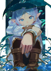 Rule 34 | 1girl, absurdres, alternate eye color, black pantyhose, blue eyes, boots, brown footwear, capelet, closed mouth, dangle earrings, earrings, elf, flower, frieren, gold trim, hand on own arm, highres, jewelry, light frown, long hair, long sleeves, looking at viewer, nemophila (flower), outdoors, outstretched arm, pantyhose, parted bangs, pointy ears, rain, seiza, sitting, skirt, solo, sousou no frieren, tss-mire, white capelet, white hair, white skirt