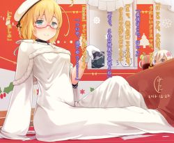 Rule 34 | 2girls, ahoge, alternate costume, arm support, blonde hair, blue eyes, blush, breasts, capelet, christmas, cinnamon stick, commentary request, cup, dated, dress, etsunami kumita, flower, fur-trimmed capelet, fur trim, gift, glass, glasses, gloves, gluhwein, hair between eyes, hair flower, hair ornament, hair ribbon, hat, holding, holding gift, holly, i-8 (kancolle), indoors, kantai collection, knee up, kotatsu, long sleeves, medium breasts, medium hair, multiple girls, purple eyes, red-framed eyewear, ribbon, ro-500 (kancolle), robe, signature, sitting, sleeves rolled up, smile, table, tan, translation request, white gloves, white hair, white hat, white robe, window, windowsill