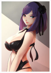 Rule 34 | 10s, 1girl, absurdres, bare shoulders, black flower, black one-piece swimsuit, black ribbon, black rose, blue eyes, breasts, cleavage, clothing cutout, dagashi kashi, eyelashes, flower, from side, hair flower, hair ornament, hair ribbon, hairband, highres, large breasts, looking at viewer, milk-doll, navel cutout, one-piece swimsuit, purple hair, ribbon, rose, shidare hotaru, sitting, solo, swimsuit, v arms