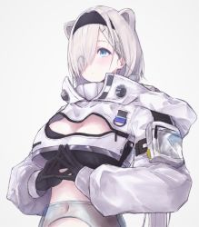 Rule 34 | 1girl, absurdres, animal ears, arknights, aurora (arknights), bear ears, black gloves, black hairband, blue eyes, blush, breasts, buran (kure), cleavage, closed mouth, crop top, gloves, hair ornament, hair over one eye, hairband, hairclip, highres, hood, hood down, large breasts, long hair, long sleeves, navel, own hands together, revealing clothes, see-through, silver hair, simple background, solo, sports bra, upper body, very long hair, white background