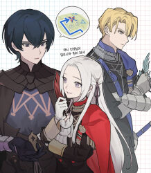 Rule 34 | 1girl, 2boys, armor, ascot, black armor, black gloves, blonde hair, blue cape, blue hair, byleth (fire emblem), byleth (male) (fire emblem), cape, closed mouth, commentary request, crossed arms, dimitri alexandre blaiddyd, edelgard von hresvelg, fire emblem, fire emblem: three houses, forehead, garreg mach monastery uniform, gauntlets, gloves, grey eyes, grin, hair between eyes, hair ribbon, height difference, highres, ikaikakka, korean commentary, korean text, long hair, long sleeves, looking at another, multiple boys, nintendo, purple eyes, purple ribbon, red cape, ribbon, short hair, smile, white ascot, white gloves, white hair