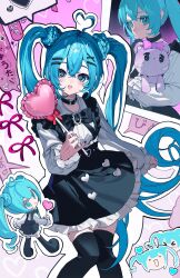 Rule 34 | 1girl, :d, absurdres, ahoge, arm at side, balloon, black bow, black bowtie, black collar, black skirt, black thighhighs, blue eyes, blue hair, blush, bow, bowtie, braid, brooch, chibi, collar, commentary, crossed bangs, dot nose, feet out of frame, floating hair, hair between eyes, hair ornament, hairclip, hatsune miku, head tilt, heart, heart ahoge, heart balloon, high-waist skirt, highres, holding, holding balloon, hugging object, jewelry, jirai kei, knees together feet apart, long hair, long sleeves, looking at viewer, multiple views, neonneon321, open mouth, shirt, sidelocks, skirt, smile, stuffed animal, stuffed toy, suspender skirt, suspenders, symbol-only commentary, teddy bear, thighhighs, twintails, very long hair, vocaloid, white shirt, x hair ornament, zettai ryouiki