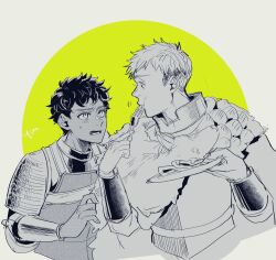 Rule 34 | 2boys, :t, armor, bracer, closed mouth, commentary request, cropped torso, dungeon meshi, eating, fork, greyscale with colored background, hand up, hands up, highres, holding, holding fork, holding plate, kabru, laios touden, looking at another, looking to the side, male focus, multiple boys, nishimura, open mouth, pelt, plate, short hair, simple background, undercut, upper body, very short hair, yellow background