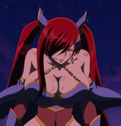 Rule 34 | 1girl, anime screenshot, bare shoulders, breasts, cleavage, closed eyes, curvy, earrings, erza scarlet, fairy tail, fairy tail: dragon cry, highres, jewelry, large breasts, long hair, midriff, red hair, screencap, stitched, tattoo, third-party edit, twintails, wide hips