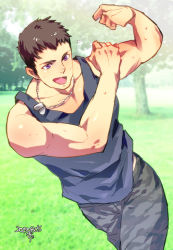 Rule 34 | 1boy, alternate costume, bare arms, bare shoulders, blue tank top, brown hair, camouflage, camouflage pants, collarbone, cowboy shot, flexing, idolmaster, idolmaster side-m, jewelry, kiduguch, male focus, necklace, pants, purple eyes, running, shingen seiji, short hair, solo, tank top, toned, toned male