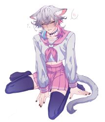 Rule 34 | 1boy, absurdres, black nails, black thighhighs, blue eyes, blue hair, blush, cat boy, cat tail, commentary, crop top, crossdressing, droopy ears, embarrassed, english commentary, eyeshadow, gavis bettel, grey hair, hair between eyes, heterochromia, highres, hiropon (owo hiropon), holostars, holostars english, looking to the side, makeup, male focus, medium hair, midriff, multicolored hair, nail polish, pink eyes, pink eyeshadow, pink hair, pink sailor collar, pink skirt, pleated skirt, sailor collar, sitting, skirt, solo, spoken blush, spread legs, sweat, tail, thighhighs, virtual youtuber, white background