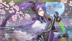 Rule 34 | 1boy, blue eyes, cherry blossoms, drawing sword, full moon, highres, holding, holding sword, holding weapon, japanese clothes, kamui gakupo, long hair, male focus, moon, ohse, ponytail, purple hair, samurai, smile, solo, sword, vocaloid, weapon