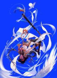 Rule 34 | 1boy, absurdres, artist request, bird, black hair, black pants, blue background, braid, dungeon and fighter, feathers, floating, flying, headband, highres, long hair, looking at viewer, male focus, male mage (dungeon and fighter), official art, pants, pointy ears, solo, staff, sun, swift master (dungeon and fighter), upside-down