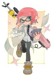 Rule 34 | 1girl, adjusting eyewear, badge, black-framed eyewear, black pants, blue necktie, blunt bangs, blush, border, brown coat, button badge, clipboard, coat, collared shirt, commentary request, diagonal-striped clothes, diagonal-striped necktie, dress shirt, e-liter 4k (splatoon), full body, glasses, gradient background, green eyes, grey footwear, gun, hands up, highres, holding, holding clipboard, holding pencil, inkling, inkling girl, inkling player character, lapels, leg up, long sleeves, looking at viewer, necktie, nintendo, open clothes, open coat, outside border, p-pepper, pants, paper, parted lips, pencil, pink hair, pointy ears, shirt, shoelaces, shoes, short hair, sidelocks, simple background, sneakers, solo, sparkle, splatoon (series), splatoon 2, striped clothes, striped necktie, tentacle hair, thank you, tie clip, weapon, white border, white shirt, wing collar, yellow background