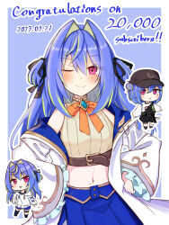 Rule 34 | 1girl, alternate costume, baseball cap, belt, black belt, black footwear, black headwear, black ribbon, black shorts, blue brooch, blue hair, blue shorts, blue skirt, blush, bow, bowtie, breasts, brown belt, brown shirt, buttons, chest belt, chibi, chibi inset, closed mouth, coat, commentary request, cowboy shot, crop top, dated, double bun, frilled sleeves, frills, full body, green hair, hair between eyes, hair bun, hair intakes, hair ribbon, hat, highres, hood, hood down, hoodie, long bangs, long hair, long sleeves, looking at viewer, midriff, milestone celebration, mole, mole under eye, multicolored hair, nanashi inc., navel, o-ring, o-ring thigh strap, official alternate costume, one eye closed, open clothes, open coat, open mouth, orange bow, orange bowtie, outline, pink eyes, ribbon, salmon231, shirt, short hair, shorts, single strap, skirt, sleeveless, small breasts, smile, socks, split mouth, striped clothes, striped shirt, suzumi nemo, suzumi nemo (1st costume), suzumi nemo (2nd costume), sweater, thigh strap, two-tone hair, two side up, vertical-striped clothes, vertical-striped shirt, virtual youtuber, white coat, white hoodie, white outline, white socks, white sweater