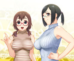 Rule 34 | 2girls, black hair, blue-framed eyewear, breasts, brown eyes, brown hair, glasses, green eyes, impossible clothes, impossible sweater, large breasts, long hair, looking at viewer, multiple girls, original, red-framed eyewear, sleeveless, sleeveless turtleneck, smile, striped clothes, striped sweater, sweater, sweater vest, turtleneck, twintails, ueyama michirou