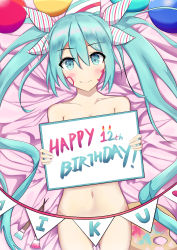 Rule 34 | 1girl, absurdly long hair, absurdres, anniversary, aqua eyes, aqua hair, artist name, artist request, balloon, blue eyes, blue hair, bow, breasts, cleavage, female focus, hatsune miku, highres, holding, holding sign, long hair, looking at viewer, nude, paint, sign, solo, striped, striped bow, tattoo, twintails, very long hair, vocaloid