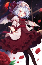 Rule 34 | 1girl, :d, ascot, bat wings, black pantyhose, blue hair, blush, brooch, commentary, fang, feet out of frame, flower, hat, hat ribbon, highres, jewelry, juliet sleeves, konnyaku (yuukachan 51), long sleeves, looking at viewer, mob cap, moon, open mouth, pantyhose, petals, puffy sleeves, reaching, reaching towards viewer, red ascot, red eyes, red flower, red moon, red ribbon, red rose, red skirt, remilia scarlet, ribbon, rose, rose petals, shirt, short hair, skirt, smile, solo, standing, touhou, white hat, white shirt, window, wings