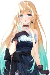 Rule 34 | 1girl, absurdres, aizawa ema, black bow, black choker, black gloves, blonde hair, blue dress, blue eyes, blush, bow, breasts, choker, commentary, cowboy shot, criss-cross halter, dress, earrings, frilled dress, frills, gloves, gradient hair, green hair, hair ornament, hairclip, halter dress, halterneck, hand up, highres, jewelry, large breasts, long hair, multicolored hair, open mouth, simple background, sleeveless, sleeveless dress, smile, solo, toratora (nanahaba), very long hair, virtual youtuber, vspo!, waist bow, white background