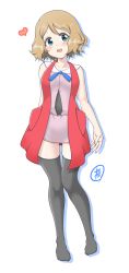 Rule 34 | 1girl, absurdres, bare arms, black thighhighs, blue eyes, blue ribbon, blush, breasts, commentary request, creatures (company), full body, game freak, heart, highres, knees, knees together feet apart, legs together, light brown hair, looking at viewer, neck ribbon, nintendo, open mouth, pokemon, pokemon (anime), pokemon xy (anime), ribbon, serena (pokemon), short hair, simple background, sleeveless, sleeveless duster, smile, solo, tax2rin, thighhighs, white background