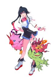 Rule 34 | 1girl, absurdres, ankle boots, bird, black dress, black hair, blue eyes, boots, claws, creature, digimon, digimon (creature), digimon world -next 0rder-, dress, flower, flower on head, full body, goggles, goggles around neck, green eyes, high ponytail, highres, holster, multicolored clothes, multicolored dress, multicolored hair, official art, open mouth, palmon, pantyhose, pink wristband, piyomon, plant, ponytail, pouch, purple eyes, shiki (digimon world -next 0rder-), short dress, sleeves past elbows, smile, streaked hair, taiki (luster), teeth, thigh holster, tongue, transparent background, white background, white dress, white footwear, wristband