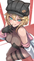 Rule 34 | 1girl, :q, aqua eyes, bare shoulders, black choker, black gloves, black hat, blonde hair, blush, breasts, brown thighhighs, choker, commentary, commission, english commentary, gloves, hair between eyes, hand to own mouth, hat, jacket, large breasts, long sleeves, looking at viewer, mi2mi2 minmi, off shoulder, open clothes, open jacket, original, short hair, simple background, skeb commission, solo, thigh strap, thighhighs, tongue, tongue out, white jacket