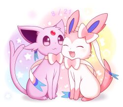 Rule 34 | bow, canineprince, closed eyes, closed mouth, creatures (company), dated, espeon, forehead jewel, game freak, gen 2 pokemon, gen 6 pokemon, nintendo, no humans, open mouth, pokemon, pokemon (creature), ribbon, sitting, smile, sylveon